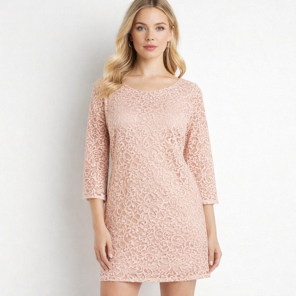 Forever 21 Lace Shift Dress Sz L Blush Pink 3/4 Sleeve Mini Coquette Romantic